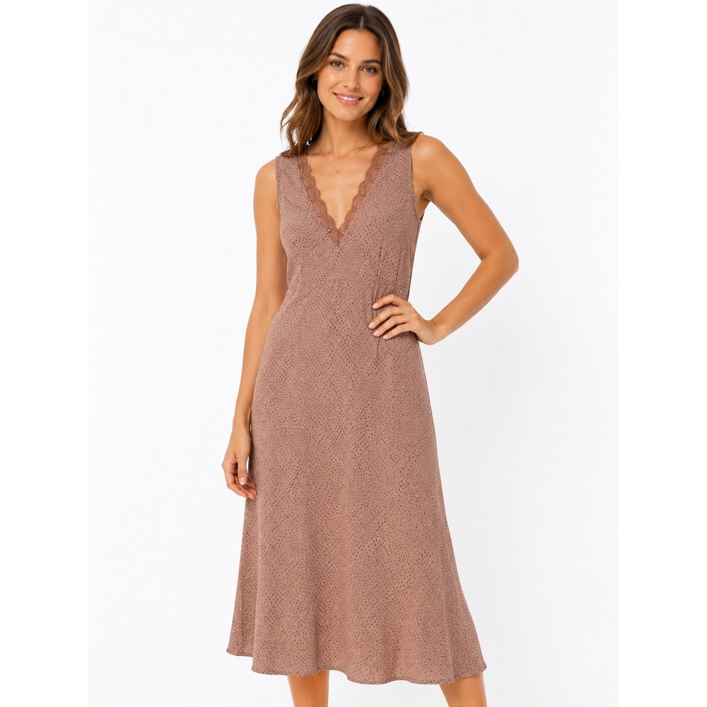 Maje Paris Lace Trim V-Neck Textured Midi Dress Cream tan Small Medium